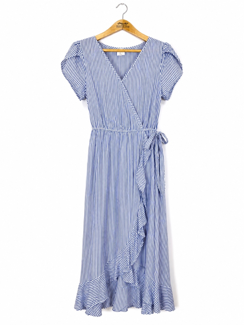 Naïf Blue Striped Faux Wrap Midi Dress Ruffle Size L Wedding Guest Fit & Flare